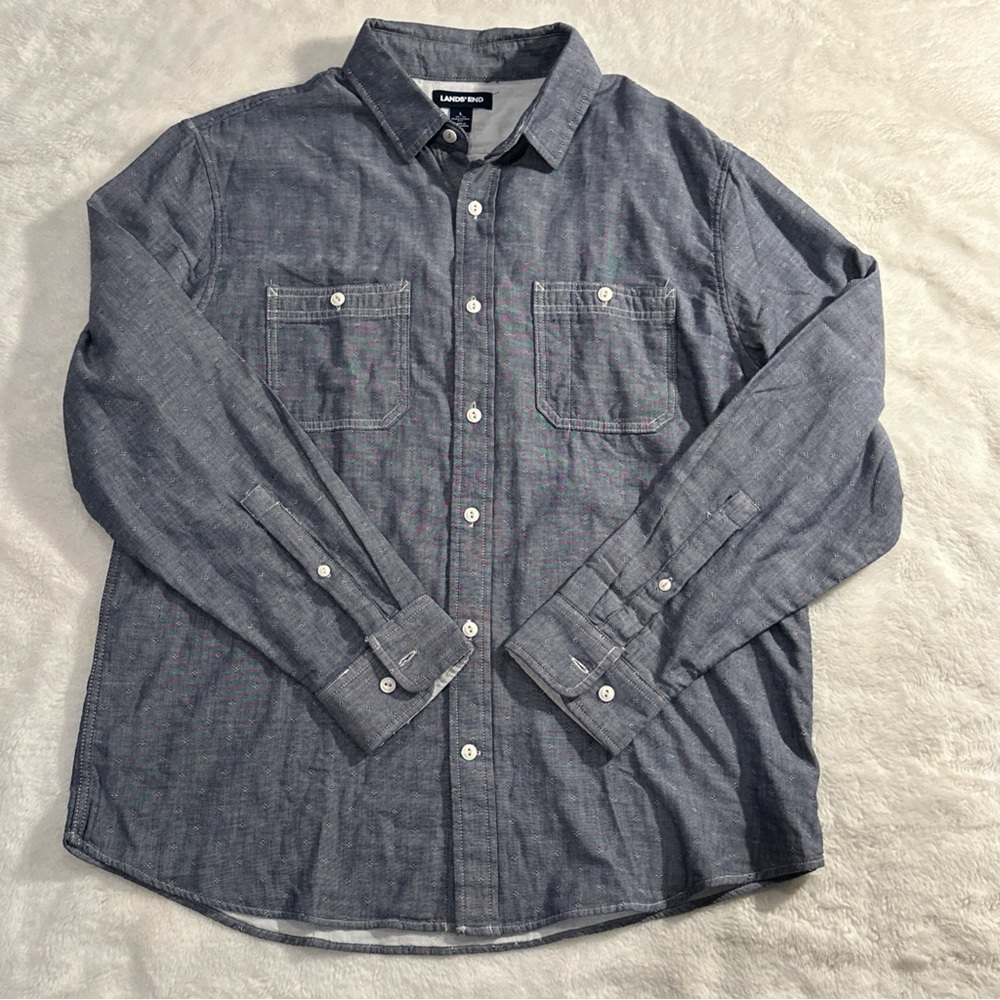 Lands' End Shirt Men's L Blue White‎ Traditional Fit L/S